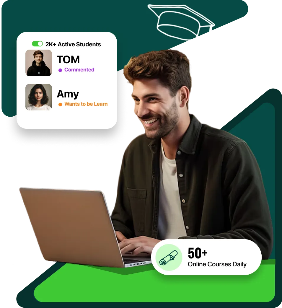 eLearning software developer smiling with graphics background