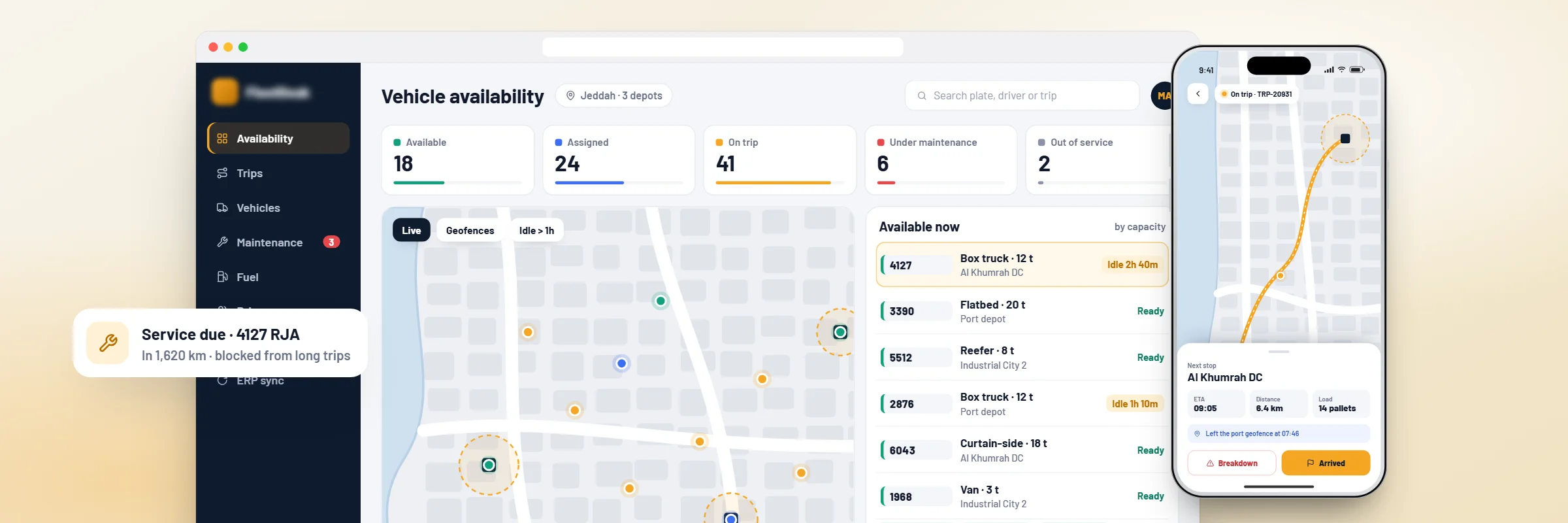 Fleet management console with vehicle availability by status, beside the driver app on a trip