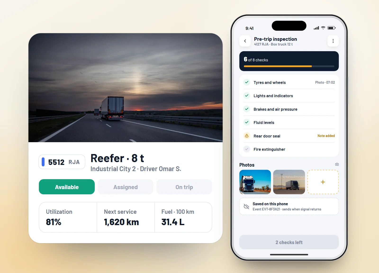 Vehicle profile with status and service details, and the driver pre-trip inspection with photos