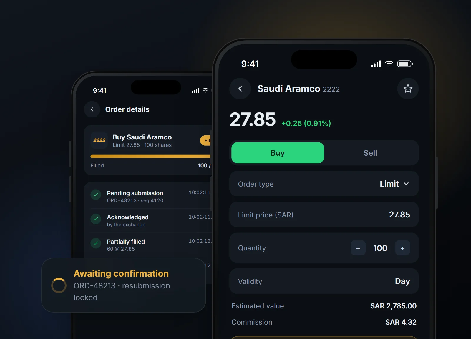 Trading app order ticket awaiting confirmation and the live order status timeline