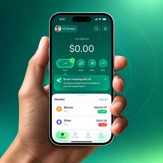 The stablecoin wallet app running on a phone, showing balance, swap and market rows