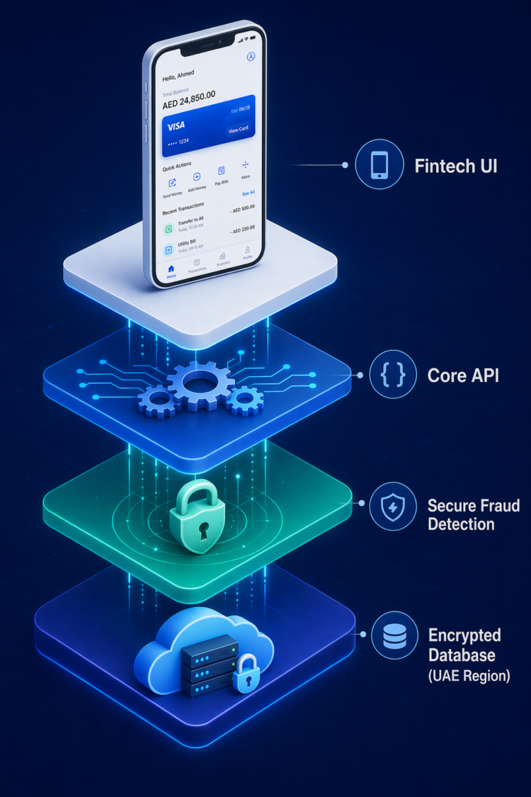 fintech app development UAE technology stack architecture with frontend backend APIs and cloud infrastructure 2026