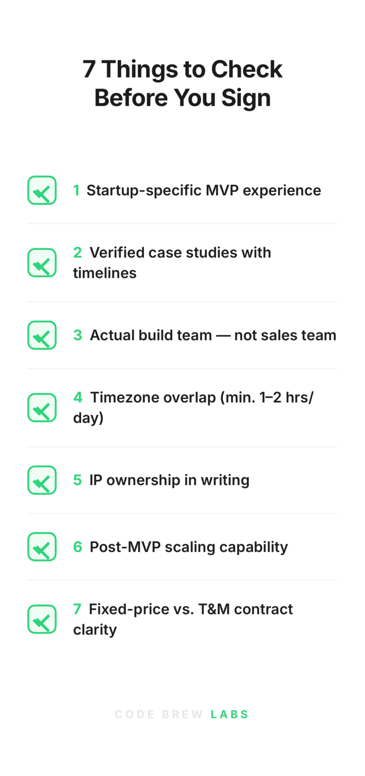 Checklist of 7 things to verify before signing a software development contract for your startup 