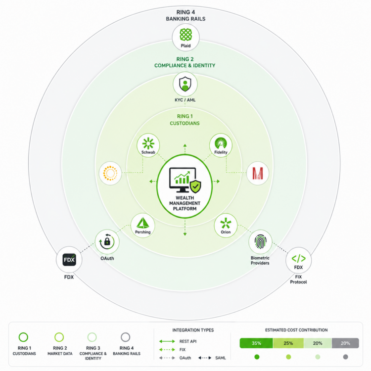 Integration ecosystem map for wealth management software showing custodian, market data, compliance, and banking rail connections around a central platform hub