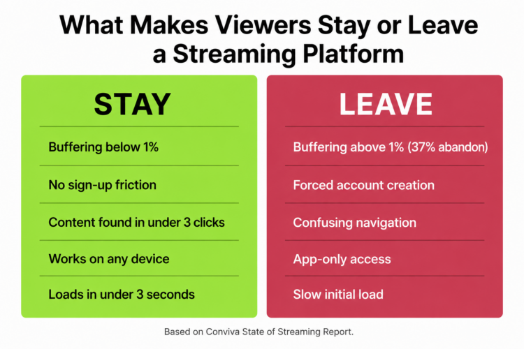Infographic comparing streaming platform UX factors that retain versus lose viewers, with buffering rate, friction, and load speed as key variables