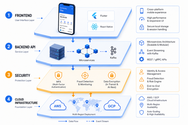 Mobile banking app architecture diagram showing frontend, backend API, security and cloud infrastructure layers