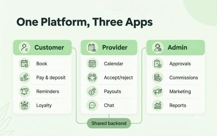Customer, provider, and admin workflows in a beauty and wellness platform