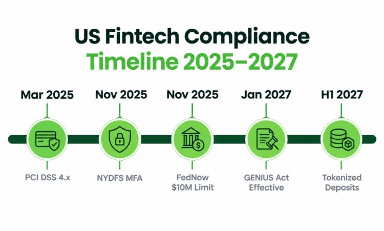 US fintech compliance and payments timeline from 2025 to 2027 for app development